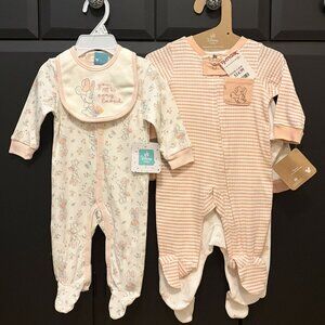 Set of 3 Baby Size 0-3 Months Disney Baby Sleepers and Bib - NWT!